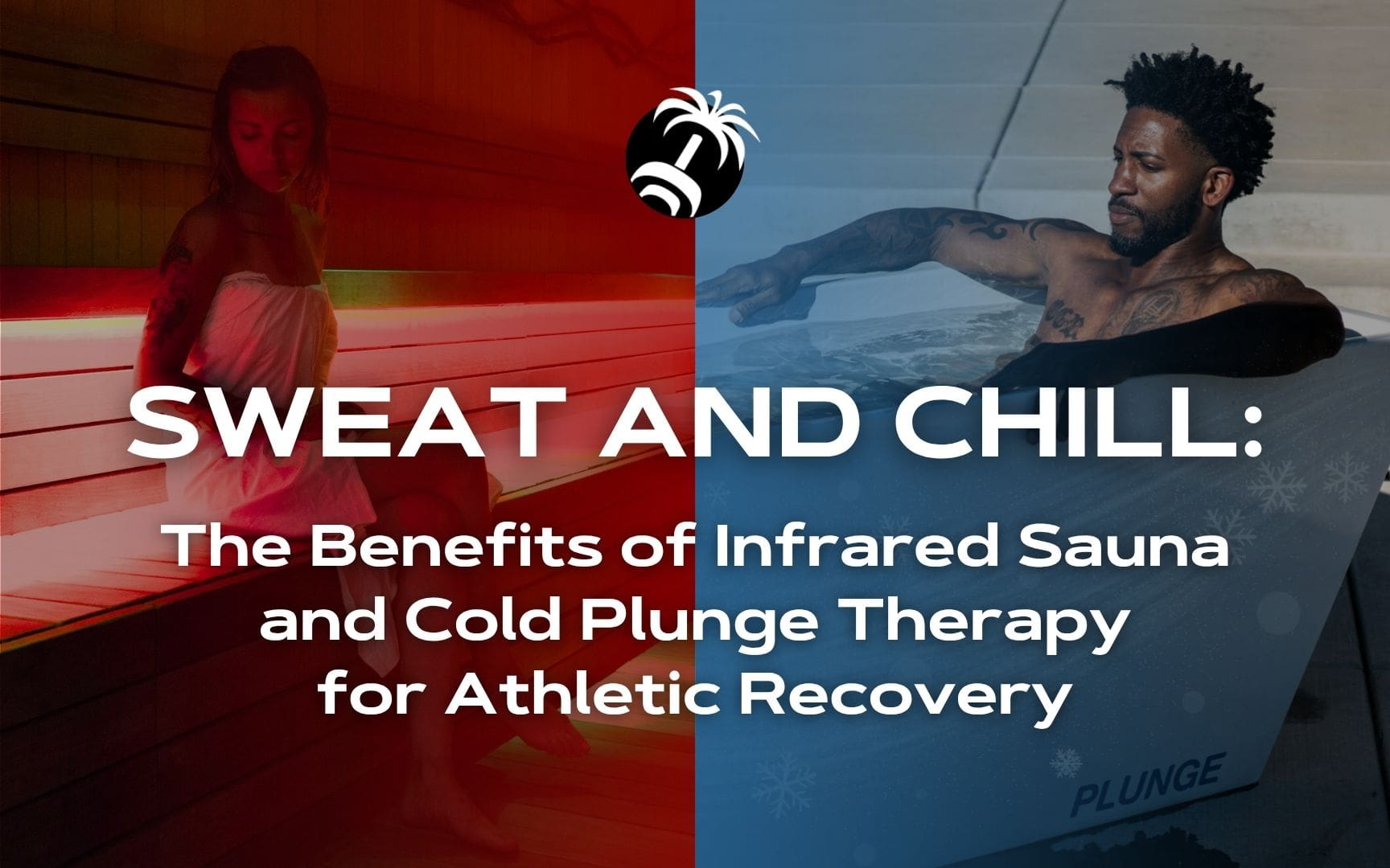 Split image showing a woman relaxing in an infrared sauna and a man in a cold plunge tub, illustrating the contrast between heat and cold therapy for athletic recovery.