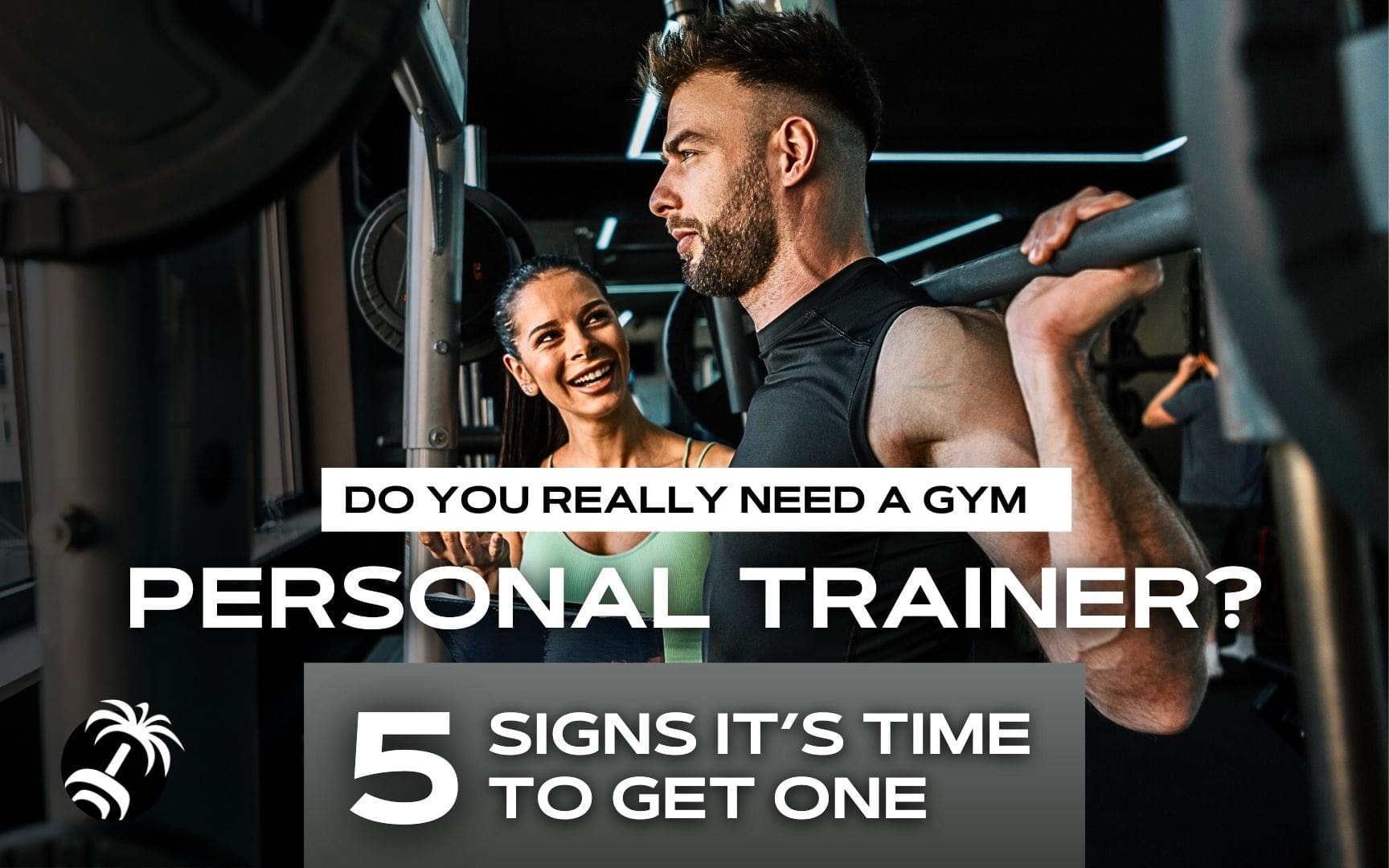 Woman coaching a man performing a barbell squat in a gym, illustrating the value of hiring a personal trainer.